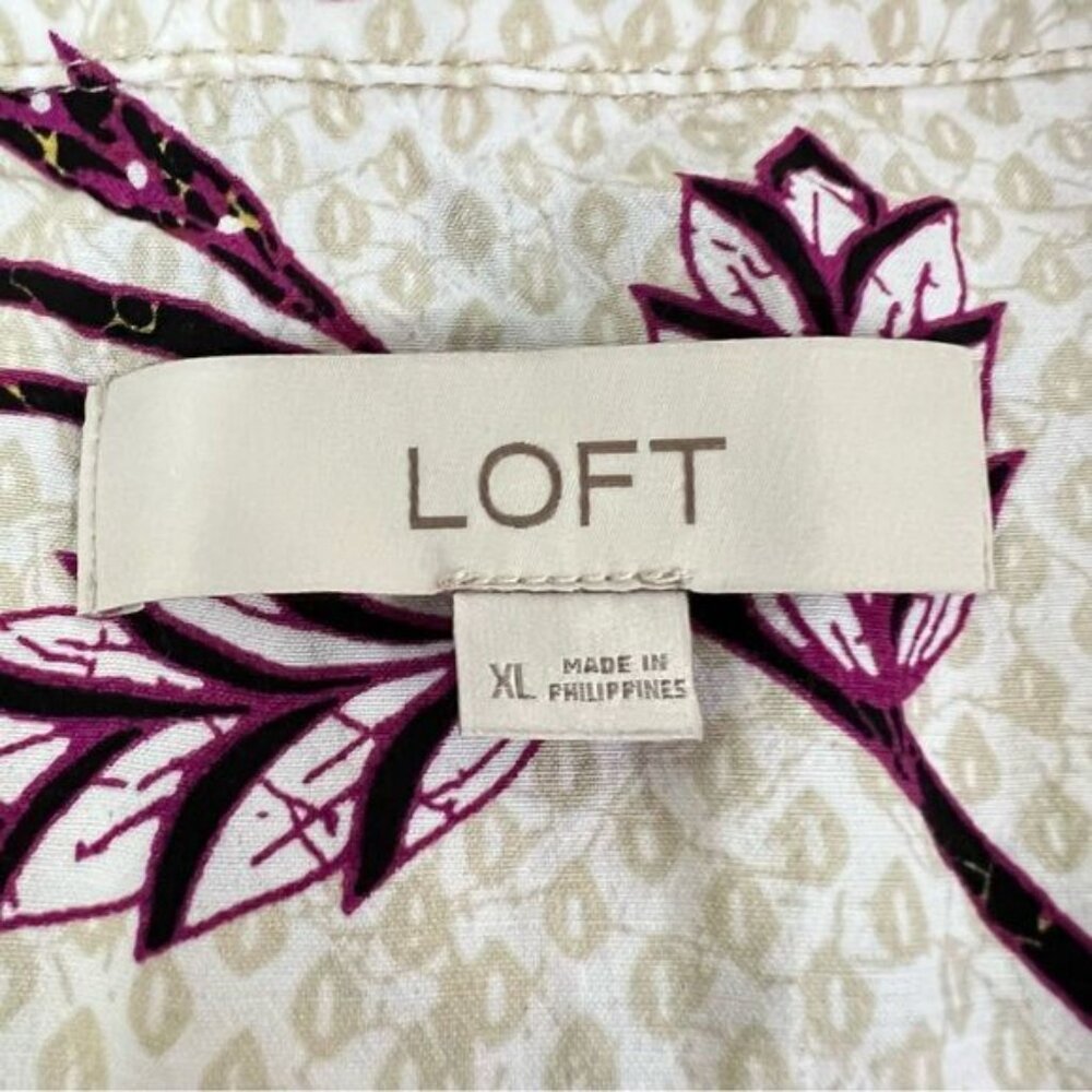 Loft Womens Floral Dress Size XL Cream Purple Long Sleeve Dressy Romantic Spring - Picture 6 of 10